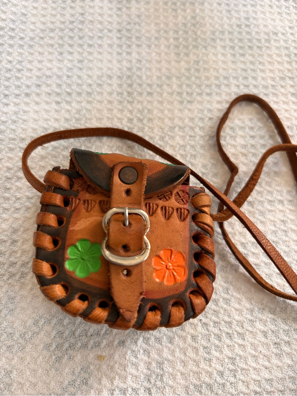 Vintage Mexican hand-tooled leather mini purse